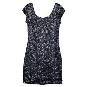 Divided H&M Sparkle Sequin Mini Dress Black Size 6 Scoop Neck Short Sleeve